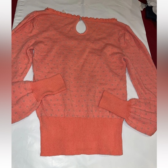 Free People PEACH WOOL Sweater Puff Sleeves Scoop Fringe Neck Gray Dots Keyhole - Picture 7 of 12